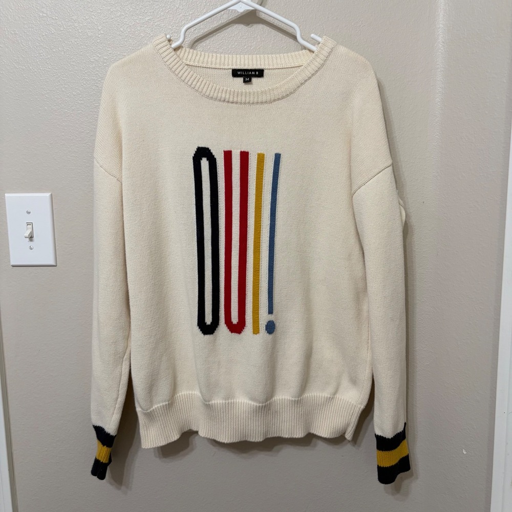 William B Womens OUI Graphic Cotton Sweater Cream Medium ST7028 Striped Cuffs